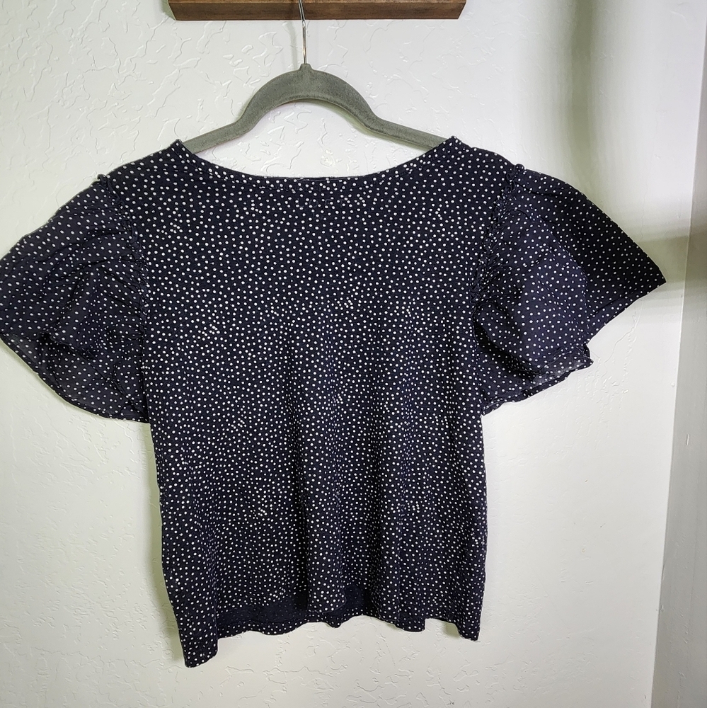 LOFT Navy Blue Polka Dot Linen Ruffle Belle Tee Size‎ MP